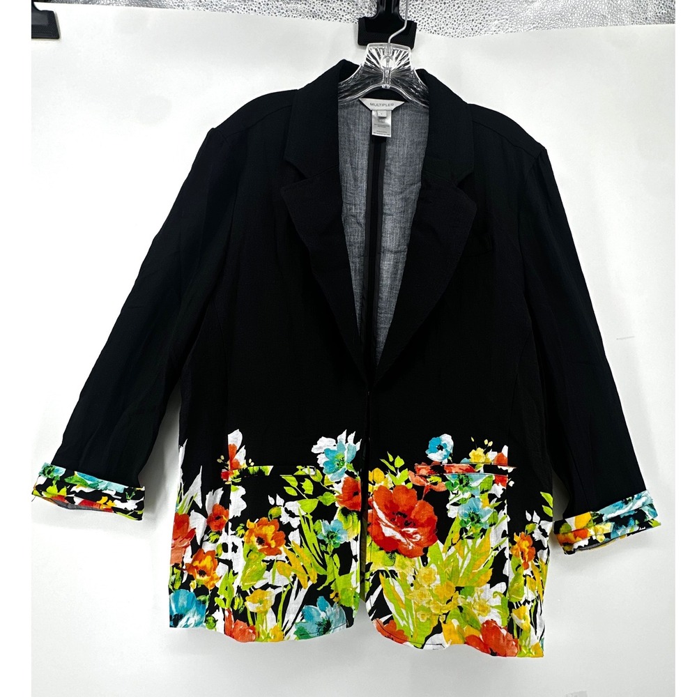 Multiples Womens Black Floral Print Blazer Hook Eye Closure Rayon Blend Large